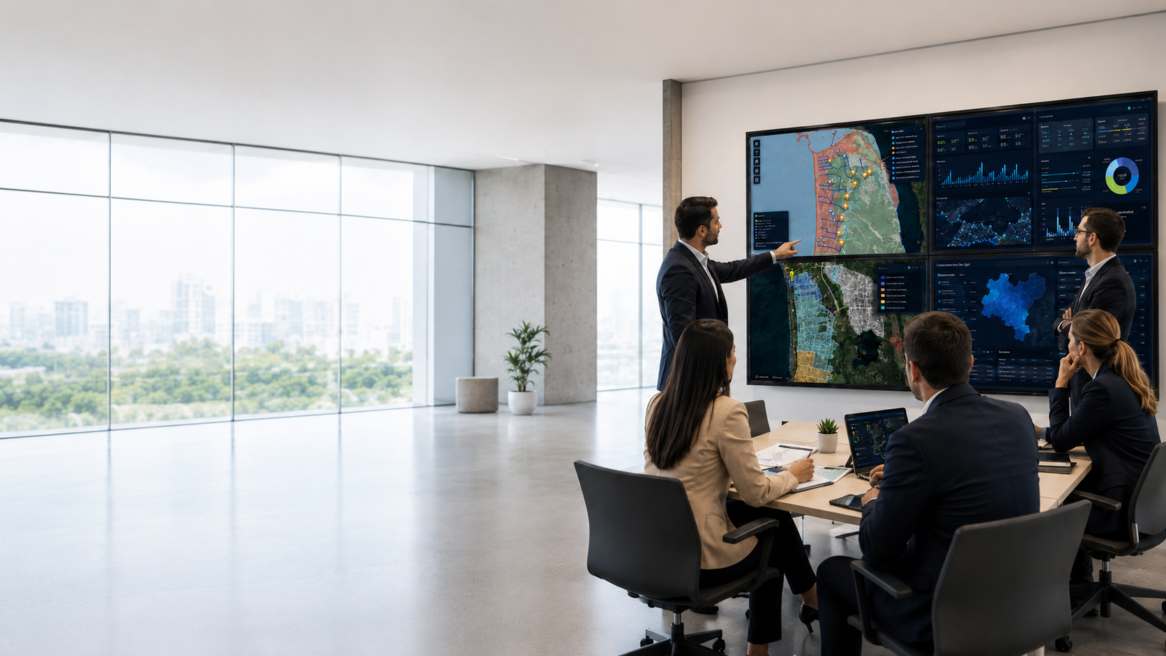 Equipo técnico observando y analizando datos territoriales