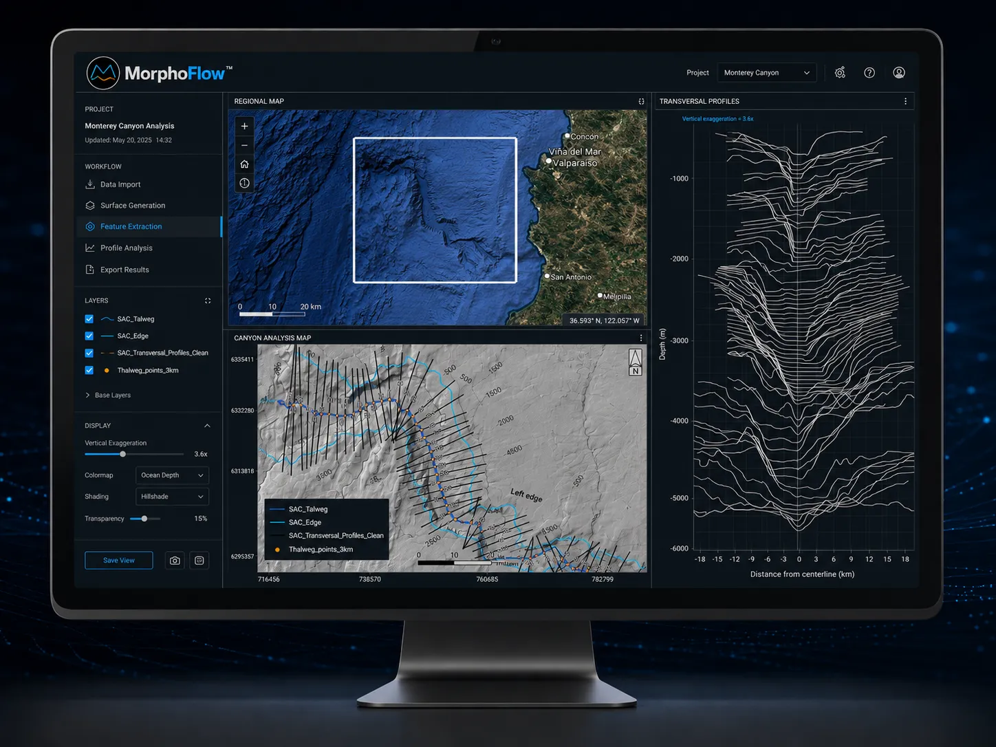 Computador mostrando el software GEOPLOT MorphoFlow con análisis de cañones submarinos